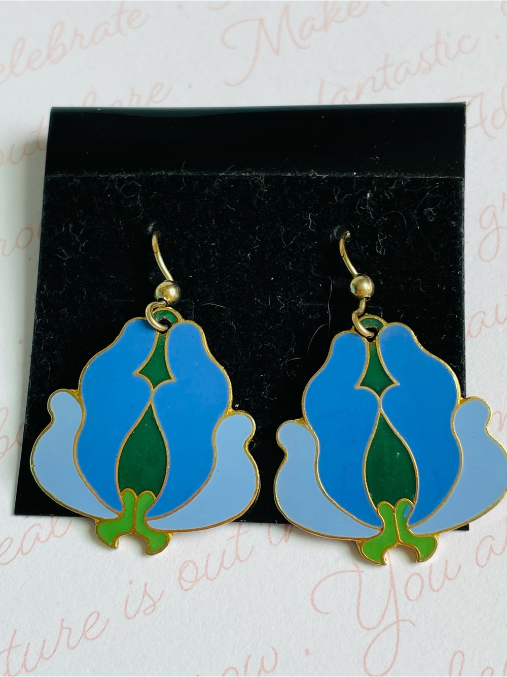 Vintage GIRARD Blue & Green Floral Enamel Drop Pierced Earrings 1.5"